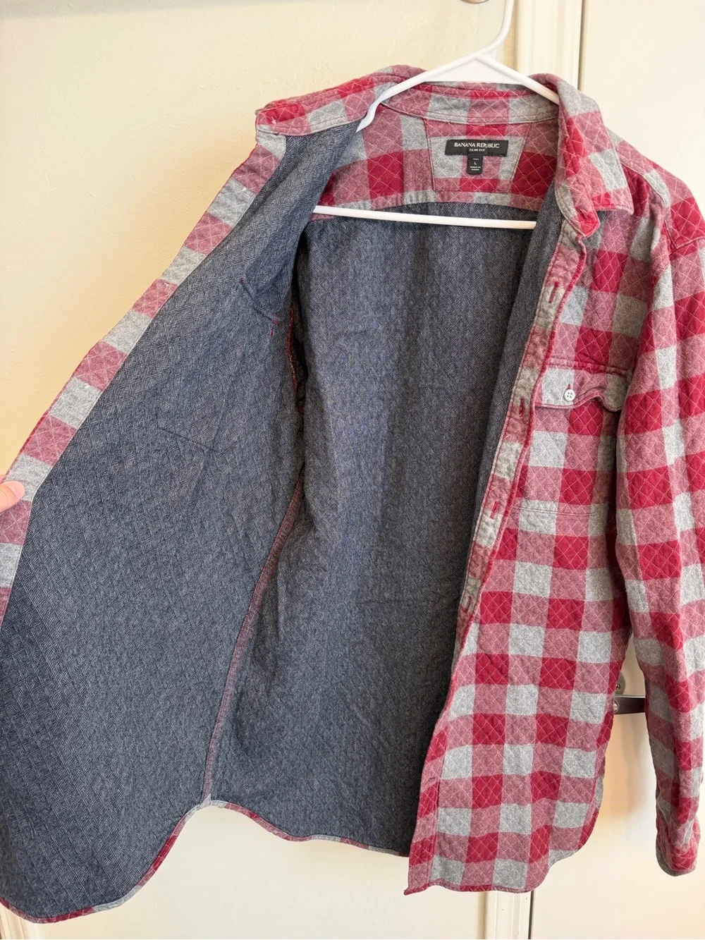 Banana Republic Quilted Red & Gray Plaid Long-Sleeve Shirt Large Tall Slim Fit